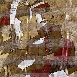 Picasso Artistic Abstract Silk Scarf in Gold, Red Cream & Black